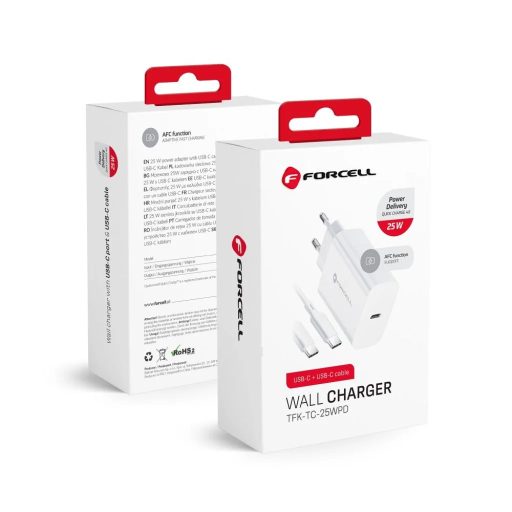 FORCELL F-ENERGY 25W-os Type C, PD hálózati töltő + C/C töltőkábel PD Q.C 3A 25W fehér