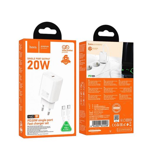 Hálózati töltő Hoco N60 - Type C - QC PD 20W-os + töltőkábel C/C - FEHÉR
