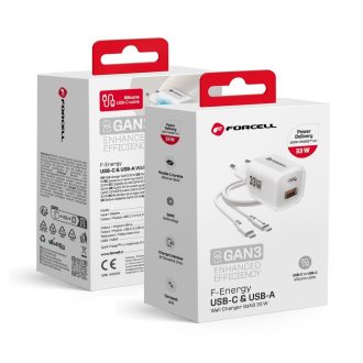   Hálózati töltő Forcell Crystal Color GaN III VT-41 szilikon kábellel 1 x Type C + 1x USB A csatlakozóval, PD QC4.0 33W FEHÉR