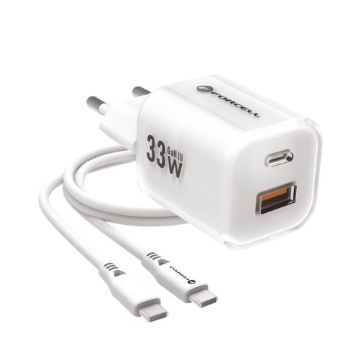 Hálózati töltő Forcell Crystal Color GaN III VT-41 szilikon kábellel 1 x Type C + 1x USB A csatlakozóval, PD QC4.0 33W FEHÉR