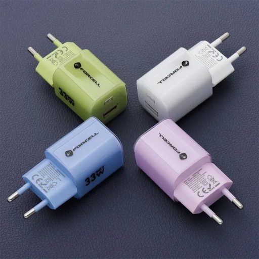 Hálózati töltő Forcell Crystal Color GaN III VT-41 szilikon kábellel 1 x Type C + 1x USB A csatlakozóval, PD QC4.0 33W FEHÉR