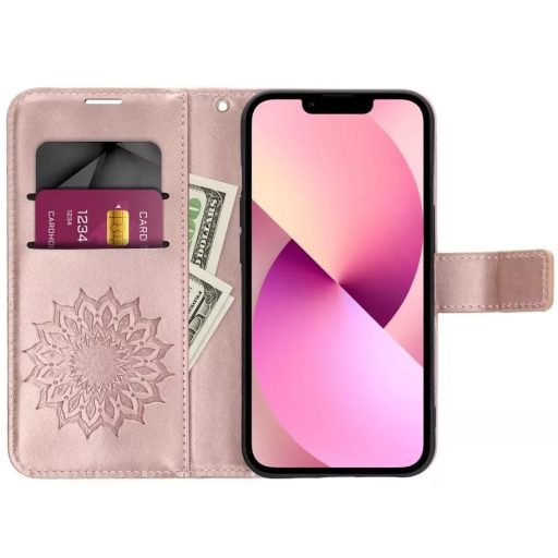 Samsung Galaxy A56 / A37 / A36 MEZZO oldalra nyíló notesz tok, rózsaarany, mandala mintával