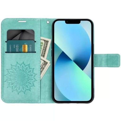Samsung Galaxy A56 / A37 / A36 MEZZO oldalra nyíló notesz tok, zöld, mandala mintával