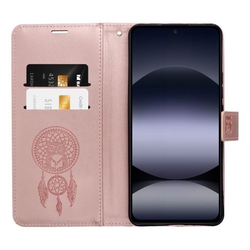 Samsung Galaxy A56 / A37 / A36 MEZZO oldalra nyíló notesz tok, rózsaarany, álomfogó mintával