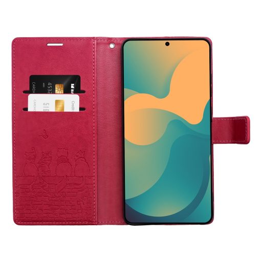  Samsung Galaxy A17 4G / 5G MEZZO oldalra nyíló notesz tok, piros, cicás mintával